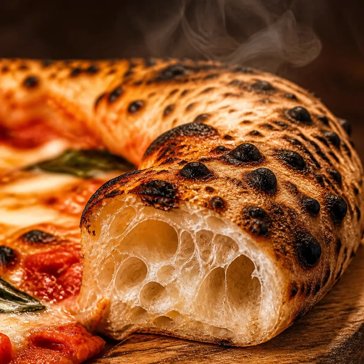 Dettaglio del cornicione alveolato e bruciacchiato di una pizza appena sfornata