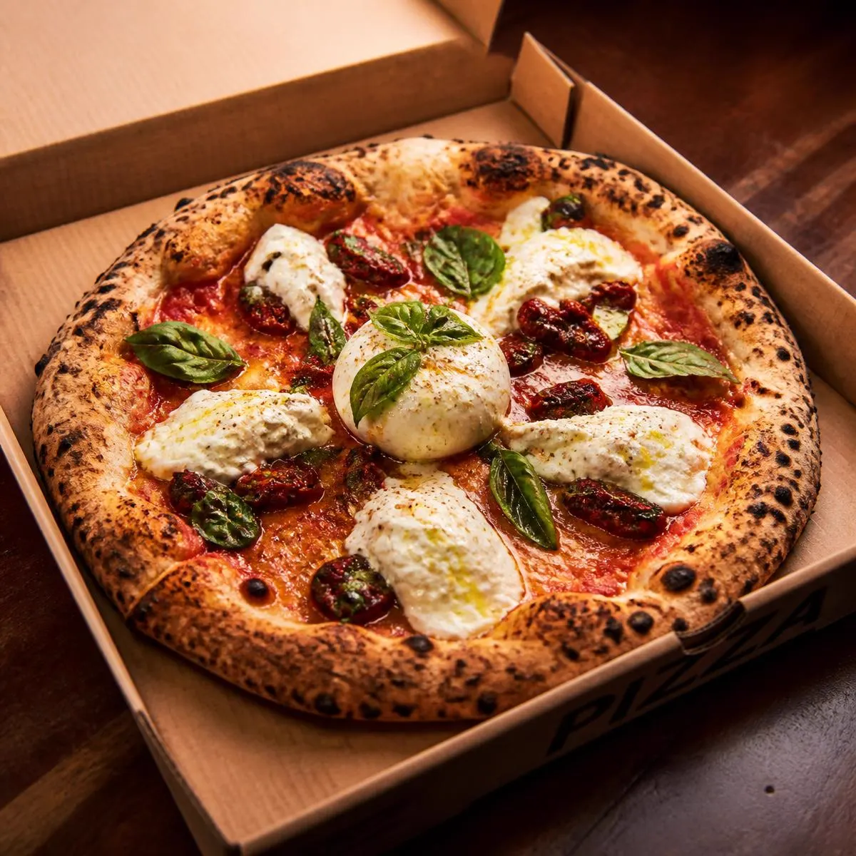 Pizza con burrata e basilico dentro il cartone da asporto aperto